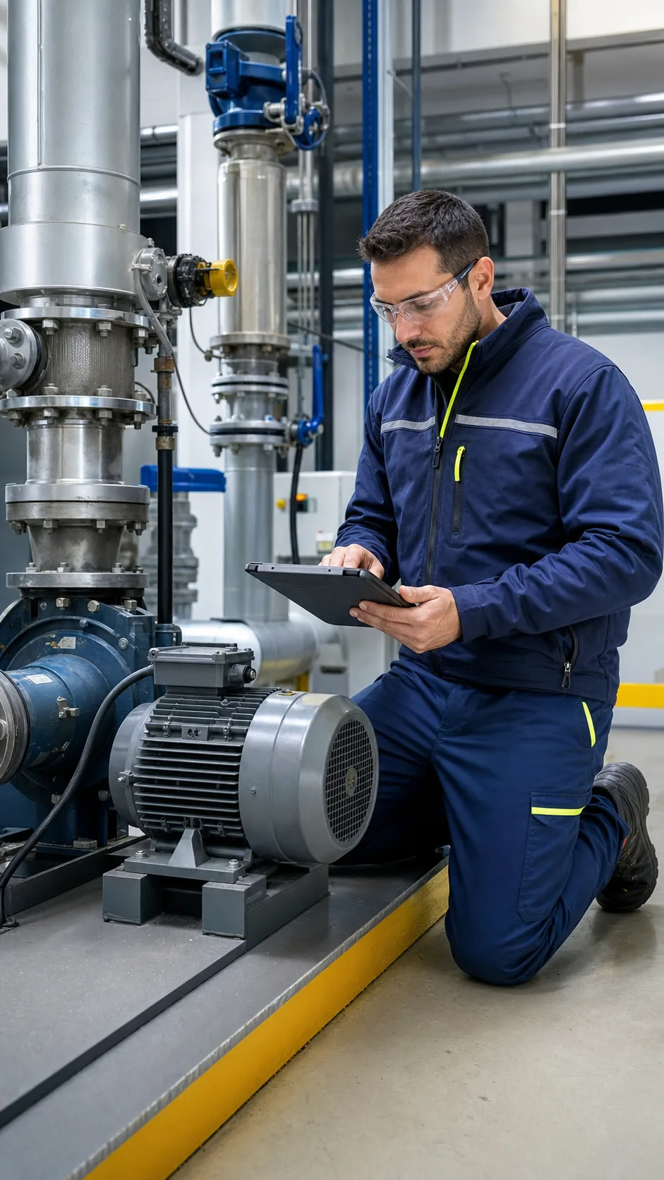 Técnico inspeccionando un motor industrial con una tablet