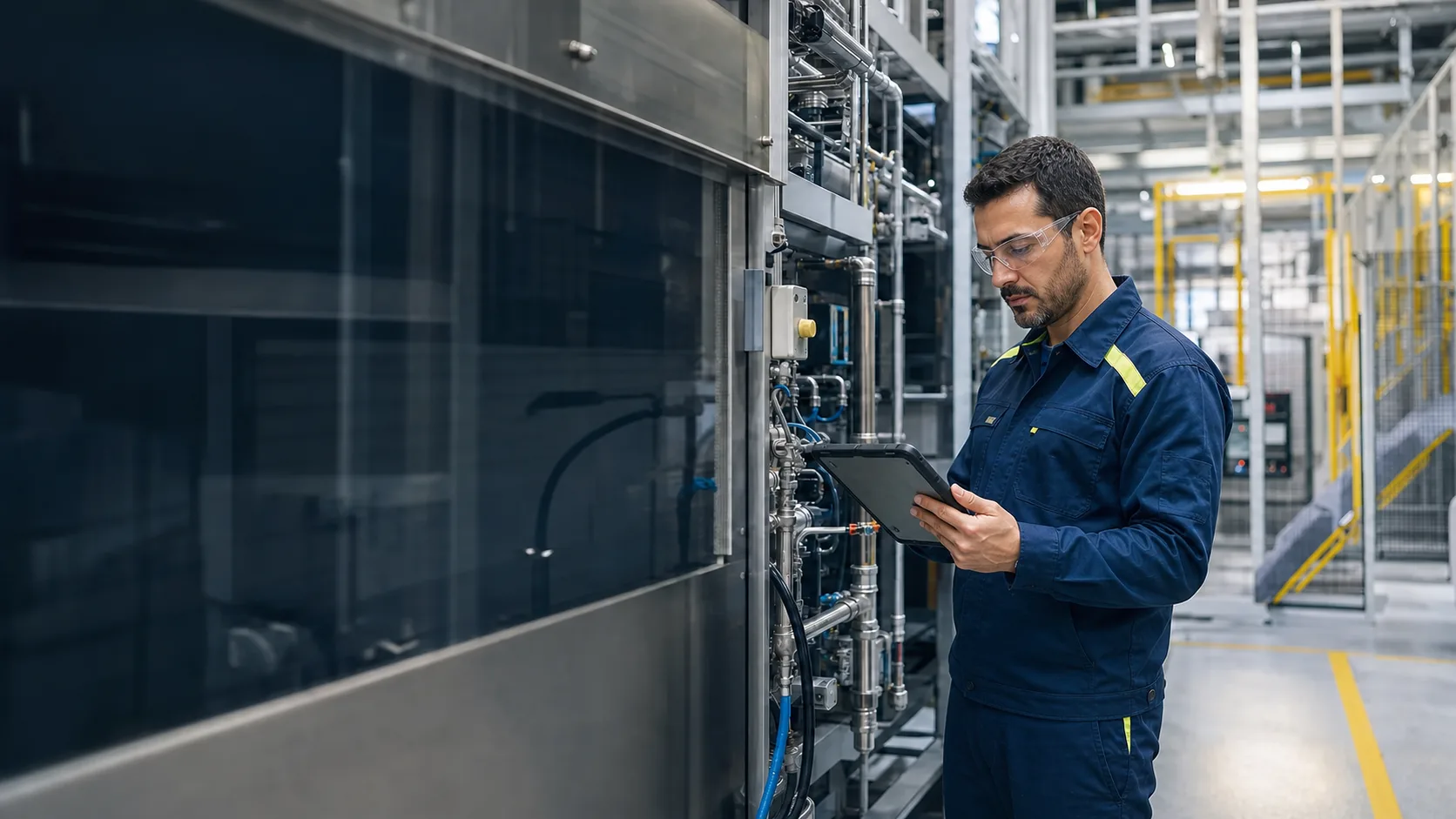 Técnico de mantenimiento industrial usando Okron en una planta de producción